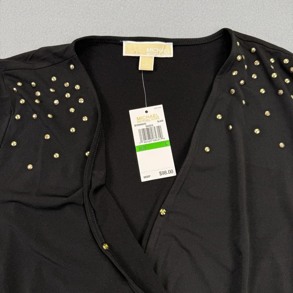 Michael Kors Womens Blouse Size Large Studded‎ V-Neck Top Embellished Banded NWT